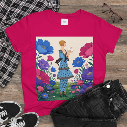 🐇🌺 The Little Rabbit Garden Cotton Tee – Art Deco Floral Whimsy