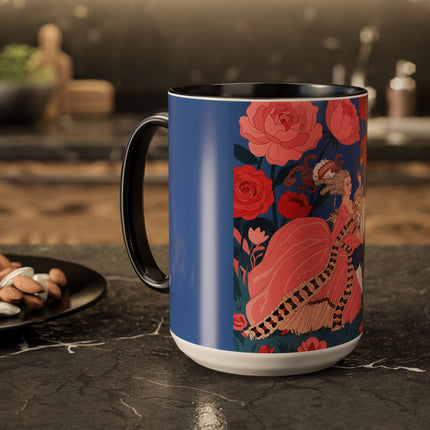 The Lady And The Scarlet Macaw Colorful Mugs – Art Deco Floral Elegance