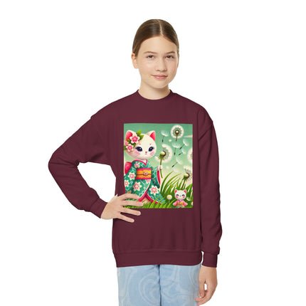 Geisha Kitten and the Dandelion Wish Youth Crewneck Sweatshirt – Gentle Magic, Dreams & Quiet Beauty