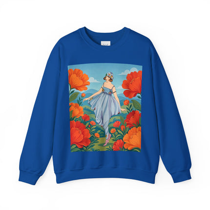 🌺🩵 The Poppy Hill Promenade Crewneck Sweatshirt – Art Deco Fashion Whimsy