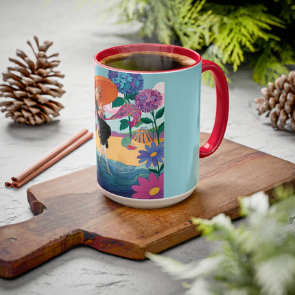 The Lady Of The Coral Parasol Colorful Mugs – Art Deco Coastal Elegance