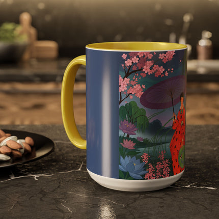 The Lady Of The Cherry Blossoms Colorful Mugs – Art Deco Spring Elegance