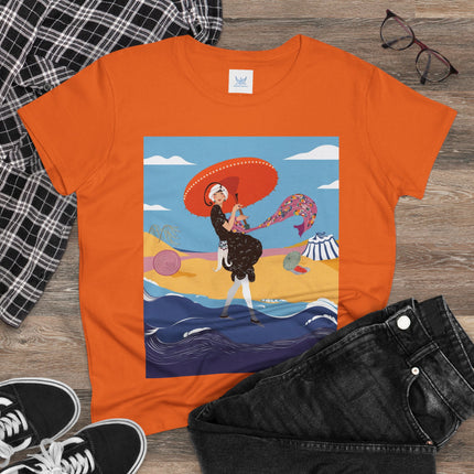 Beachside Promenade Women's Midweight Cotton Tee – Summer Glamour & Coastal Joy