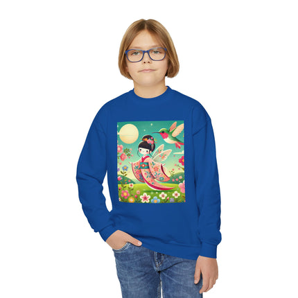 Geisha Fairy and the Hummingbird Blossom Youth Crewneck Sweatshirt – Magic, Grace & Dreamlike Beauty