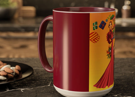 Elegant Holiday Woman with Gifts Colorful Mugs (11oz, 15oz)