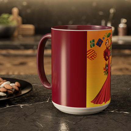 Elegant Holiday Woman with Gifts Colorful Mugs (11oz, 15oz)