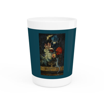 A Still Life with Tulips and Other Flowers in a Vase on a Marble Ledge by Willem van Aelst Ceramic Shot Glass