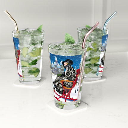 Elegant Winter Woman in Sleigh Glass, 16oz