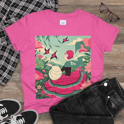 🐦🌺 The Garden Of Flying Birds Cotton Tee – Art Deco Floral Whimsy