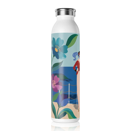 ⚓🌸 The Lady At The Seaside Slim Water Bottle – Art Deco Nautical Floral Whimsy