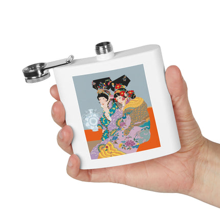 Two Geishas in Peacock Kimonos Flask – Timeless Elegance & Sisterly Grace