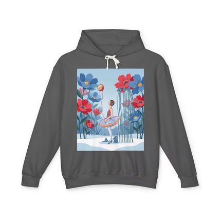 🌸❄️ Winter Flower Girl Unisex Lightweight Hooded Sweatshirt – Art Deco Floral Fantasy