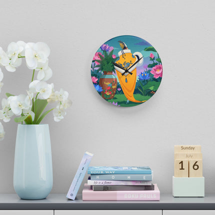 🌺✨ The Lady Of The Golden Lotus Garden Acrylic Wall Clock – Art Deco Floral Fantasy