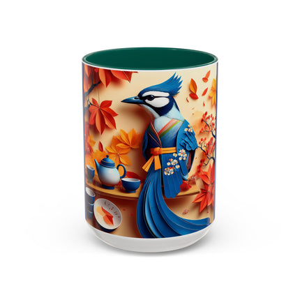 Blue Jay at an Autumn Tea Ceremony Colorful Mugs (11oz, 15oz)
