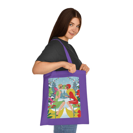 🎄☕ Christmas Tea In The Snow Garden Cotton Tote Bag – Art Deco Holiday Friendship