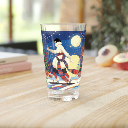 🌙🎿 The Moonlit Christmas Skier Pint Glass – Whimsical Holiday Fantasy