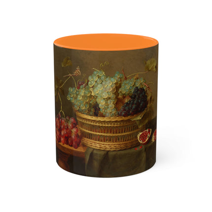Basket of Grapes and a Pomegranate on a Table by Jacob van Hulsdonck Colorful Mugs, 11oz