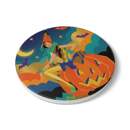🌙🎃 The Witch Of Crescent Moon Pumpkin Ceramic Coaster – Colorful Halloween Charm