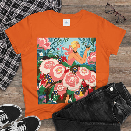 🌸🐦 The Girl Of The Little Birds Cotton Tee – Art Deco Floral Whimsy