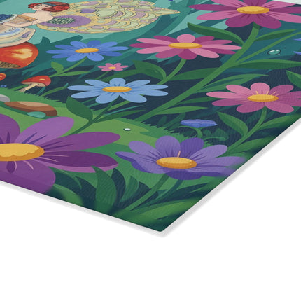 🧚🍄 The Lady Of The Enchanted Mushroom Garden Glass Cutting Board – Art Deco Fairy Garden Fantasy