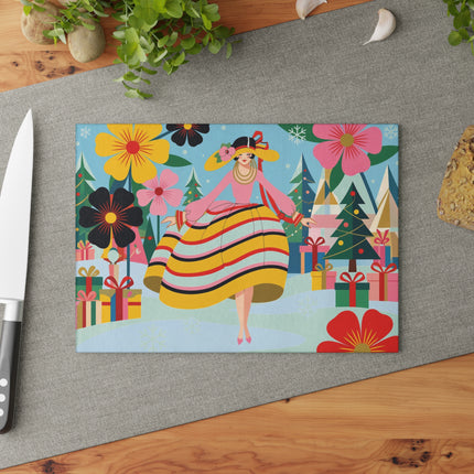🌸🎁 The Lady Of The Christmas Flower Garden Glass Cutting Board – Art Deco Holiday Fantasy