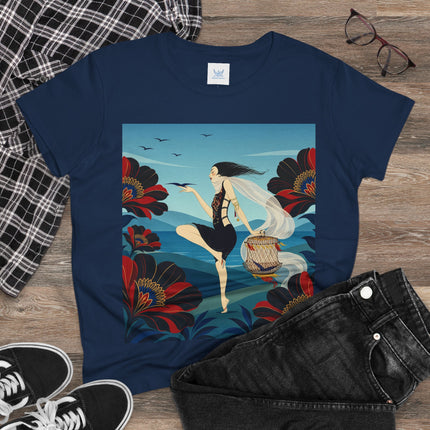 🌊🌺 The Lady Of The Wild Wind Cotton Tee – Art Deco Coastal Fantasy