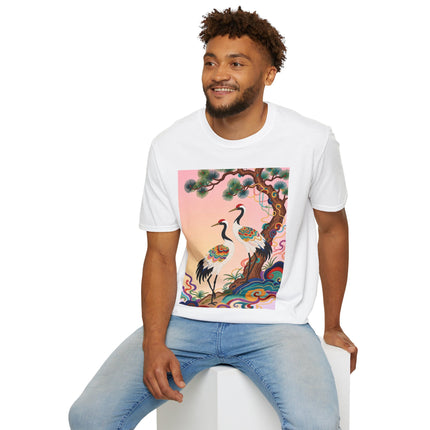 🐦🌸 The Enchanted Crane Garden Softstyle T-Shirt – Oriental Elegance & Colorful Harmony