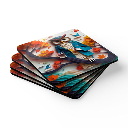 Owl at an Autumn Park Gathering Corkwood Coaster Set