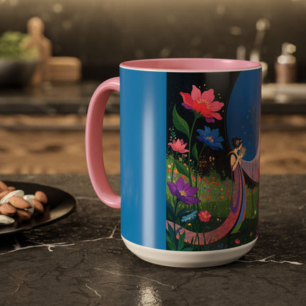 The Lady And The Moonlit Peak Colorful Mugs – Art Deco Alpine Garden Elegance