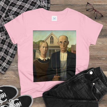 American Gothic by Grant Wood Women's Midweight Cotton Tee