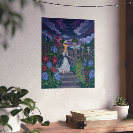 🦚🌙 The Lady Of The Midnight Peacock Garden Matte Vertical Poster – Art Deco Floral Elegance