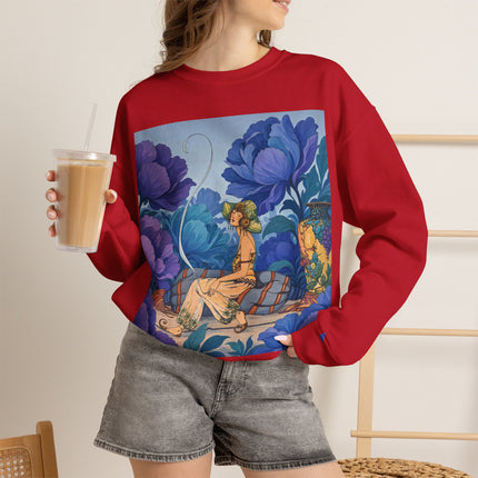 💙🌸 The Lady Among The Blue Blossoms Crewneck Sweatshirt – Art Deco Floral Reverie