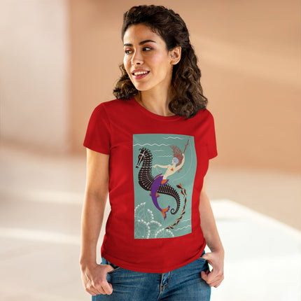 Mermaid on Seahorse Women's Midweight Cotton Tee – Dreamy Ocean Fantasy