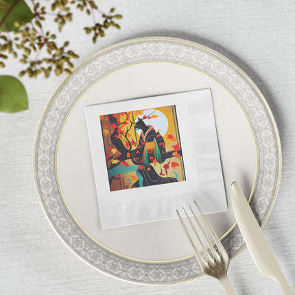 Black Cat in Kimono White Coined Napkins