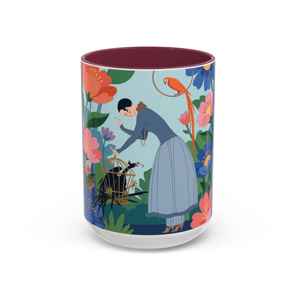 The Lady And The Mysterious Bird Colorful Mugs – Art Deco Botanical Mystery