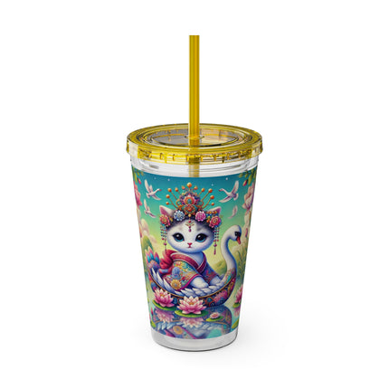 Geisha Kitten’s River Voyage Sunsplash Tumbler with Straw, 16oz