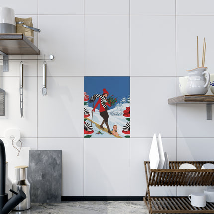 🎿🌿 The Christmas Holly Skier Ceramic Tile – Vintage Holiday Adventure