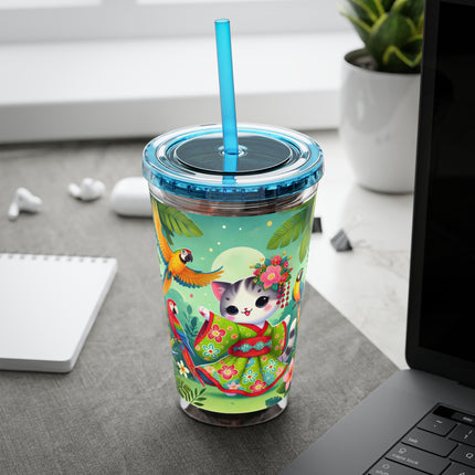 Parrot Dance of the Geisha Kitten Sunsplash Tumbler with Straw, 16oz