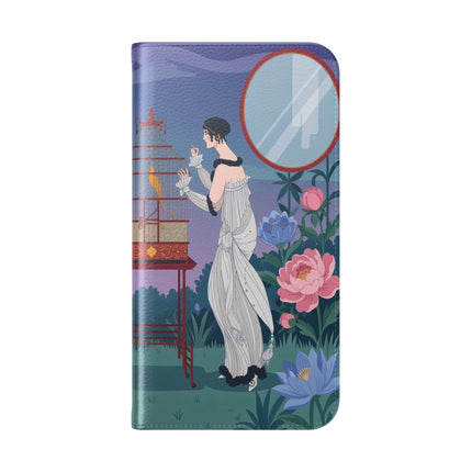 🐦🌸 The Lady And The Golden Bird Flip Case – Art Deco Floral Reverie