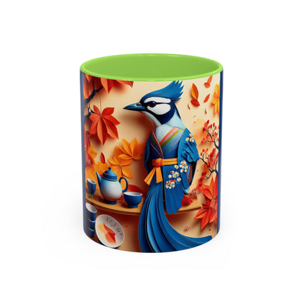 Blue Jay at an Autumn Tea Ceremony Colorful Mugs (11oz, 15oz)