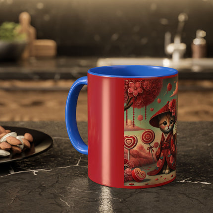 Whimsical Geisha Kitten in a Valentine Garden Colorful Mugs (11oz, 15oz)