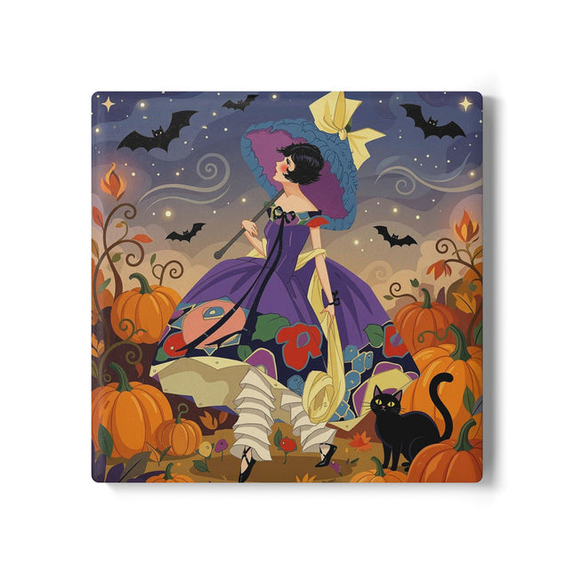 🌙🎃 The Moonlit Garden Walk Ceramic Coaster – Elegant Halloween Charm