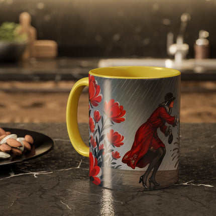 ☔🌹 The Scarlet Rainstorm Promenade Colorful Mug – Art Deco Motoring Elegance
