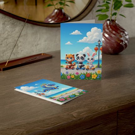 🐉🛴 The Dragon Day At The Seaside Greeting Card – Whimsical Animal Adventure
