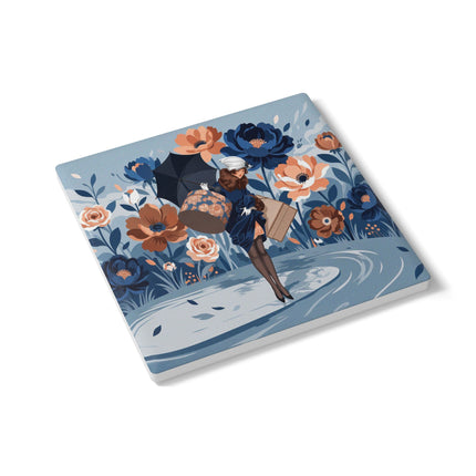 ☂️🌺 The Lady Of The Traveling Garden Ceramic Coaster – Art Deco Floral Adventure