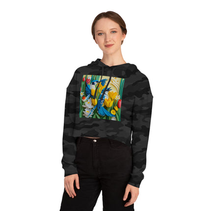 Blue Jays in a Spring Garden Women’s Cropped Hooded Sweatshirt