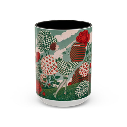 🌹💚 The Scarlet Rose Checkerboard Garden Colorful Mug – Art Deco Floral Whimsy
