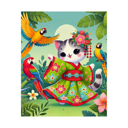 🦜🐱 Parrot Dance of the Geisha Kitten Matte Vertical Poster – Tropical Whimsy & Colorful Charm