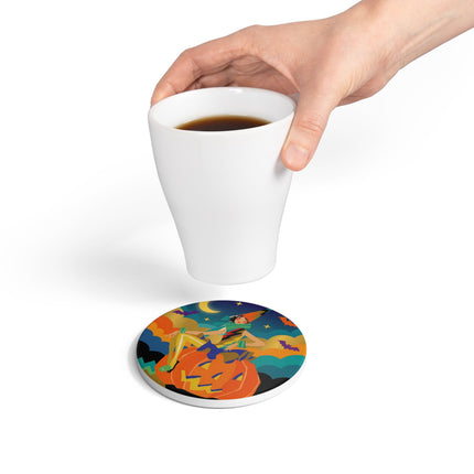 🌙🎃 The Witch Of Crescent Moon Pumpkin Ceramic Coaster – Colorful Halloween Charm