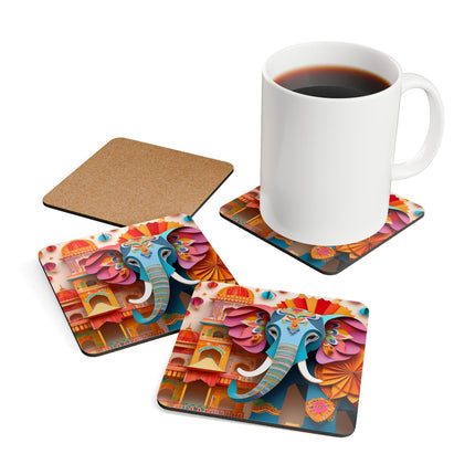 Elephant at an Autumn Festival Corkwood Coaster Set